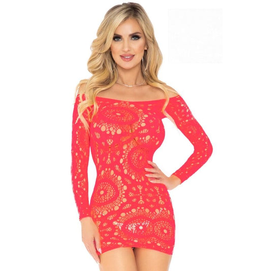 LEG AVENUE MINI VESTIDO DE ENCAJES MANGA LARGA CORAL TALLA UNICA