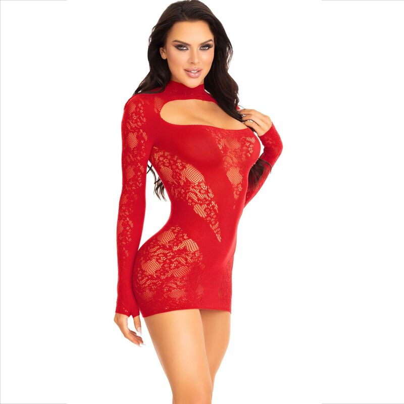 LEG AVENUE MINI VESTIDO DE ENCAJE CON MANGA LARGA ROJO