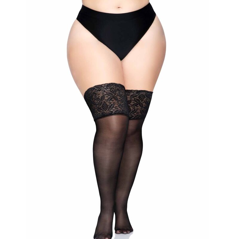 LEG AVENUE MEDIAS NEGRAS AUTOADHESIVAS CON ENCAJE ANCHO PLUS SIZE