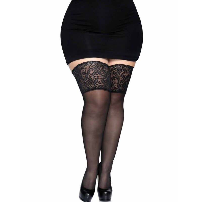 LEG AVENUE MEDIAS NEGRAS AUTOADHESIVAS CON ENCAJE ANCHO PLUS SIZE