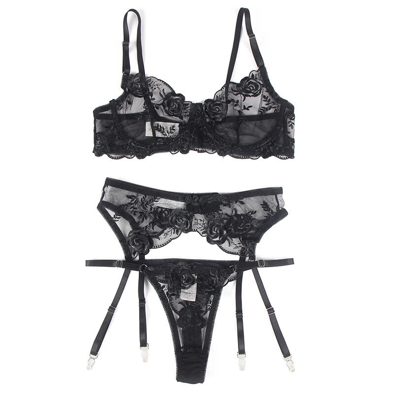 SUBBLIME SET DE 3 PIEZAS SUJETADOR TANGA LIGA ESTAMPADO FLORAL NEGRO S M