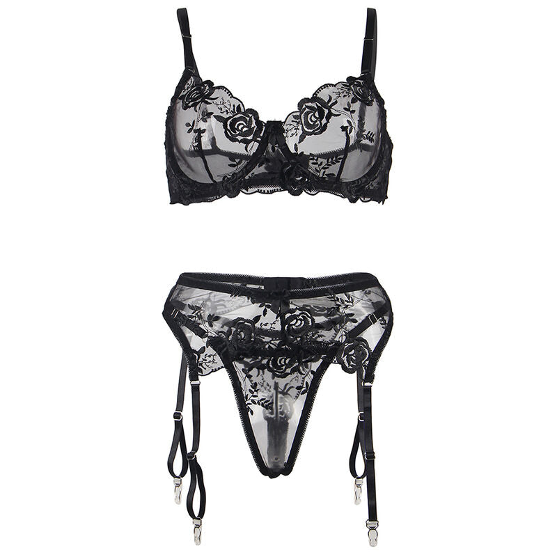 SUBBLIME SET DE 3 PIEZAS SUJETADOR TANGA LIGA ESTAMPADO FLORAL NEGRO S M